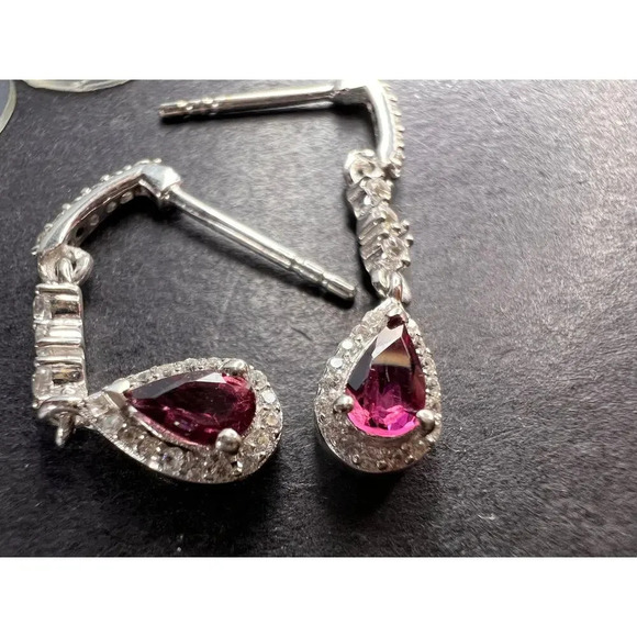 Rubellite and zircon earrings in platinum over sterling silver - Picture 1 of 10